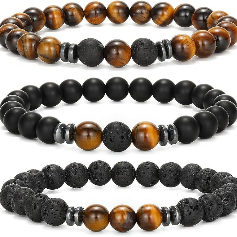 Cross-Border Hot-Selling Volcanic Stone Tiger Eye Bracelet Set Men's Fashionable Simple Beaded Bracelet Wholesale Amazon