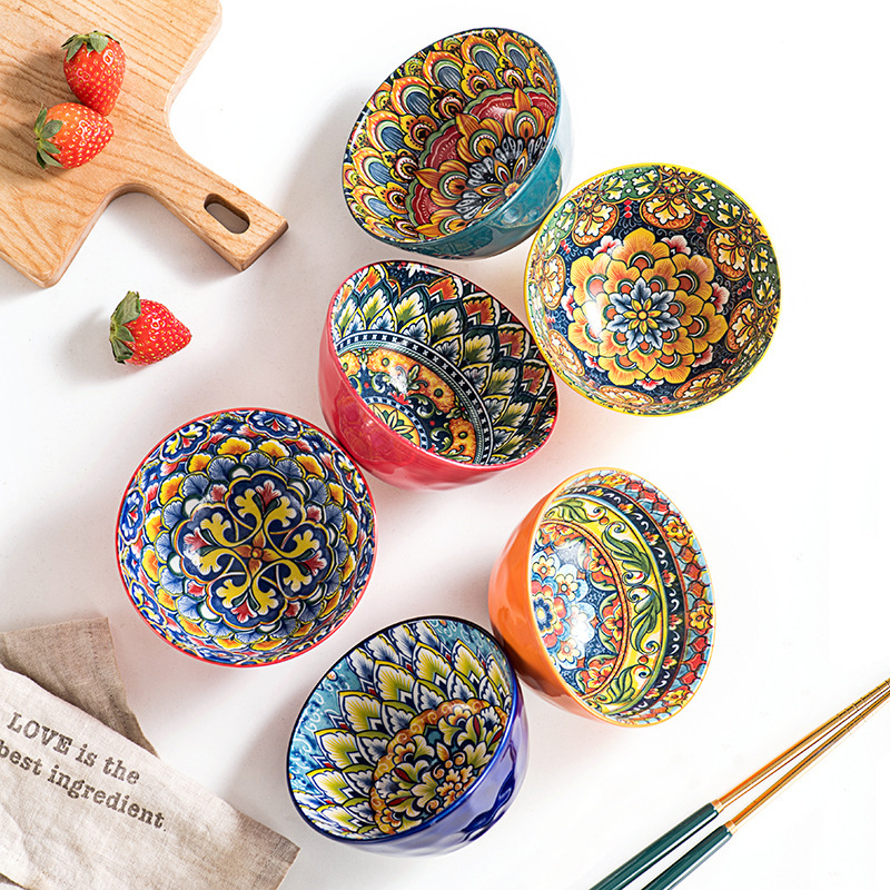 Cross-border Wholesale Bohemian Underglaze Color Ceramic Soup Bowl Lamian Noodle Bowl suit Vintage Hand-painted Home Light Luxury Rice Bowl Cross-border Wholesale Bohemian Underglaze Color Ceramic Soup Bowl Lamian Noodle Bowl suit Vintage Hand-painted Home Light Luxury Rice Bowl