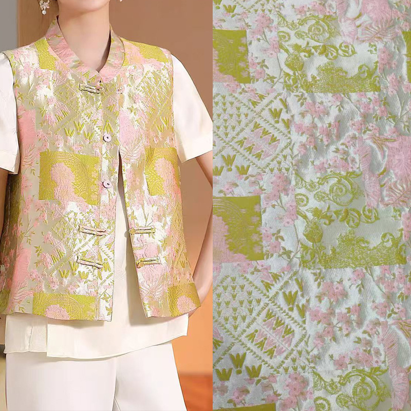 复古风柔美浮雕括布粉绿色几何立体提花马甲外套箱包面料