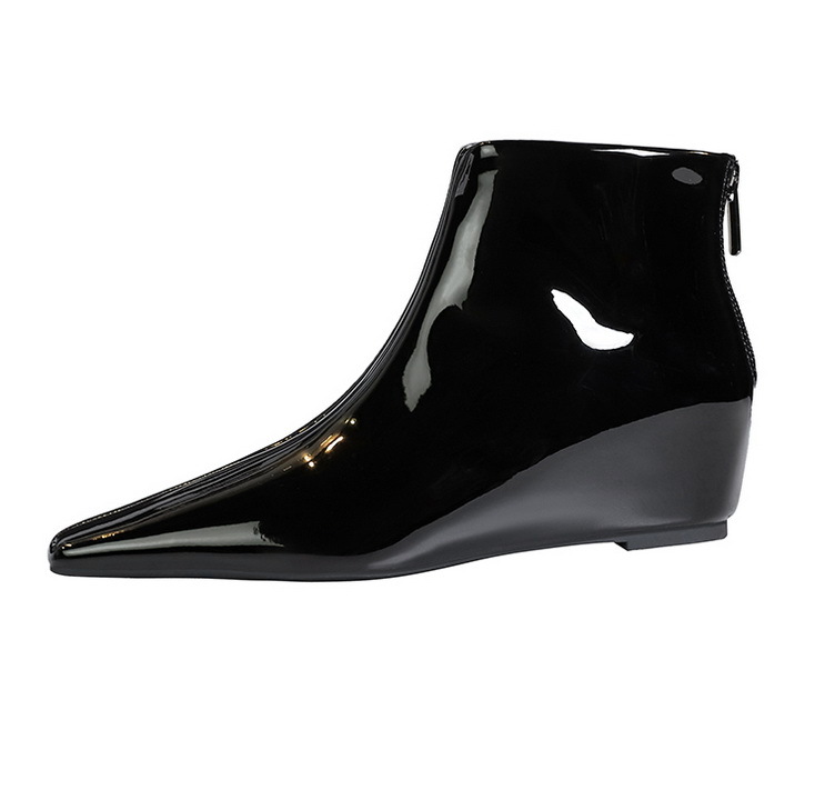 ShoeVault 6632-1 Korean Style Fashion Versatile Hidden Wedge Heel Shiny Patent Leather Short Slimming Women's And Ankle Boots_vogvips.com