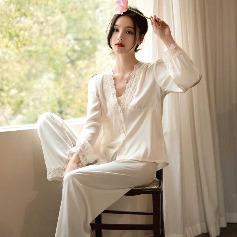 Spring and Autum Women's Ice Silk Thin Silk Pajamas Long-Sleeved Suit Korean Style Sexy Home Simple Casual Home