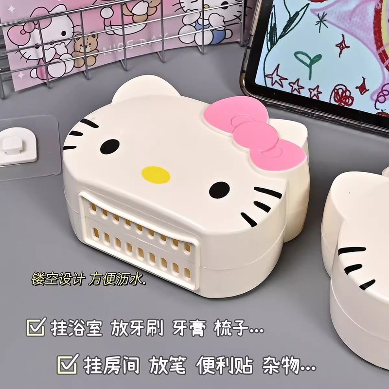 かわいい漫画 KT 猫シリーズ タイル壁釘なし化粧品収納ラック歯磨き粉歯ブラシ壁収納ボックス|undefined