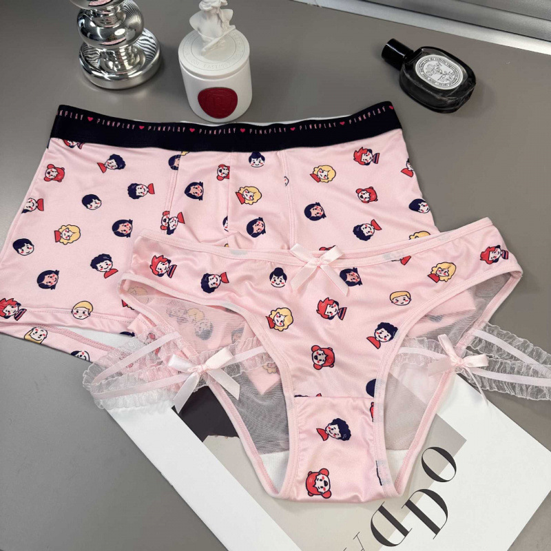 Patterned Low-Waist Triangle Lolita Style Unisex Boxer Briefs with Cartoon Print, Breathable Couple's Underwear for Men