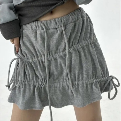 2-color in-stock South Korean Instagram summer ribbed drawstring bow pleated skirt A-line skirt Japanese vintage style