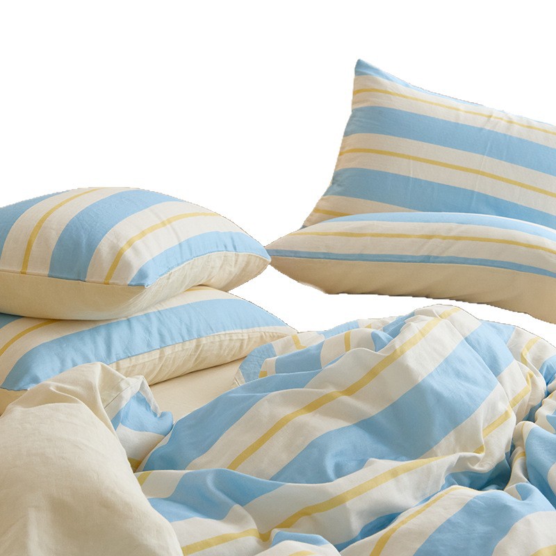 Nordic French Vintage Boho Double-layer All-cotton Four-piece Set, Pure Cotton Striped Simple High-end Bedding, Three-layer Gauze Bed Sheet And_voghion.com