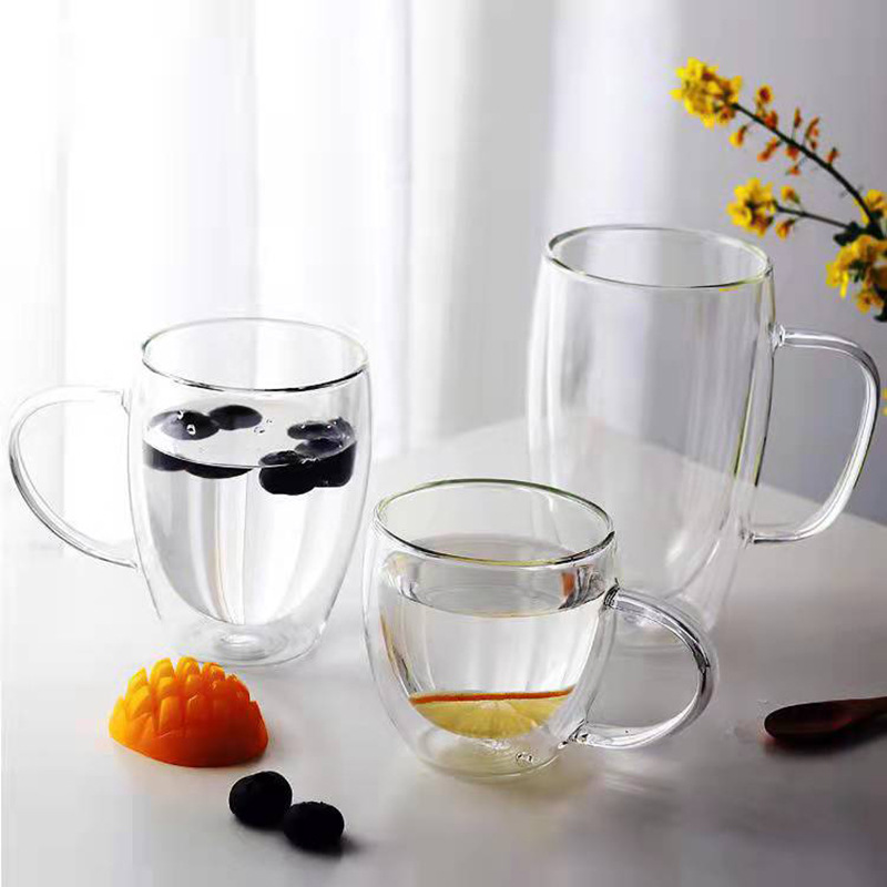 Venta al por mayor de borosilicato de doble capa taza de café con mango de vidrio taza de agua taza cuadrada taza de café de oro estándar taza de café perfumado té