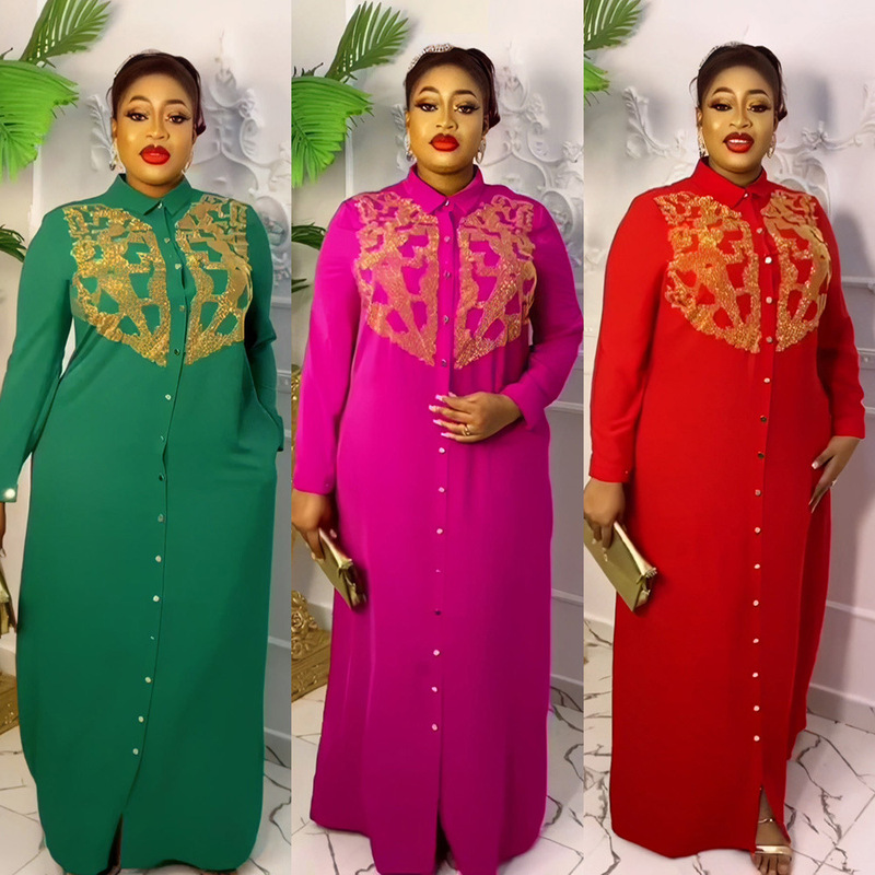 tiktok Amazon African women's evening dress front and back rhinestone dress long sleeve shirt collar maxi dress tiktok Amazon African women's evening dress front and back rhinestone dress long sleeve shirt collar maxi dress