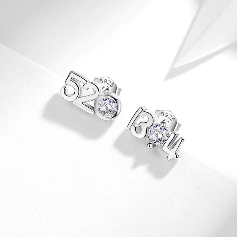 Pendientes de plata de ley s925 520 pendientes nuevos 1314 pendientes creativos digitales Pendientes de estilo coreano de moda simple para mujer incrustada en diamantes