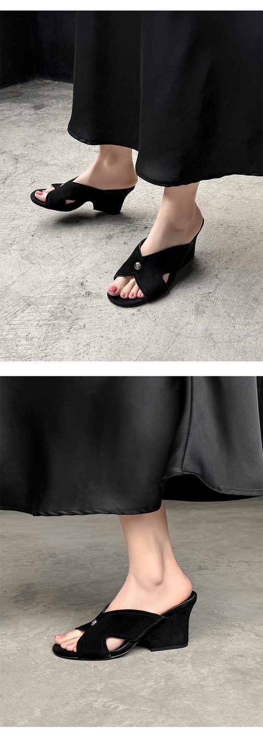 Sandal nữ da cừu hở mũi quai chéo gót xuồng 5 cm — màu nâu, Trang chủ, màu đen chi tiết 50