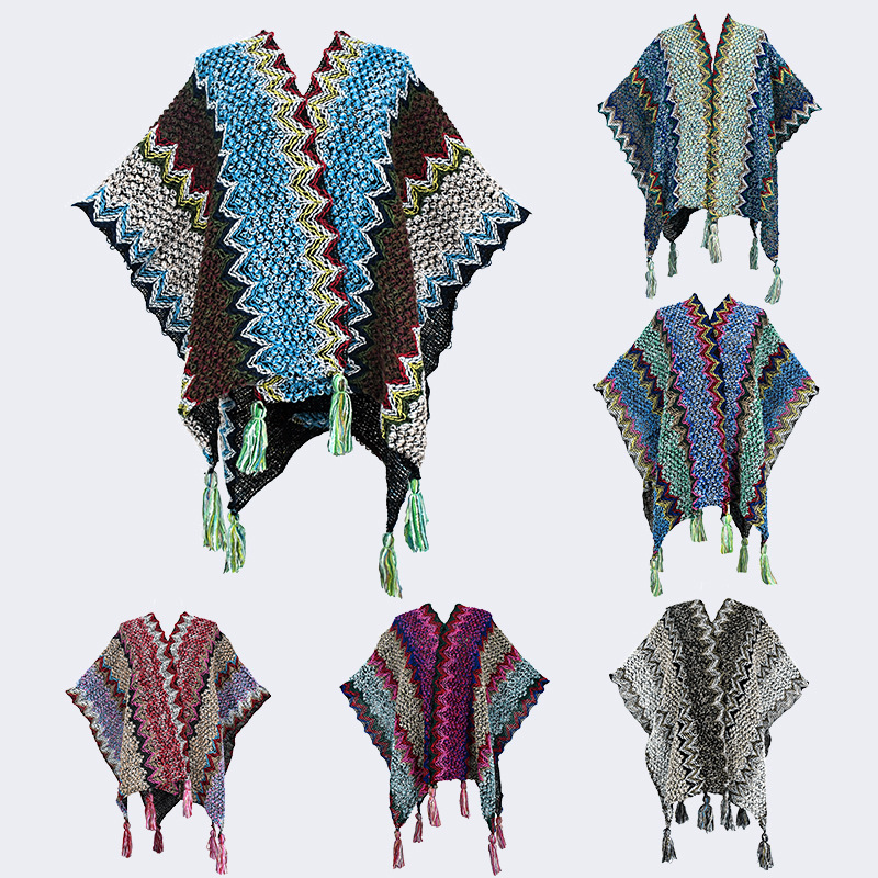 Viaje en el oeste de Sichuan vestido con una capa de chal de peluche de Yunnan Xinjiang de otoño y invierno estilo nacional de punto capa de rayas