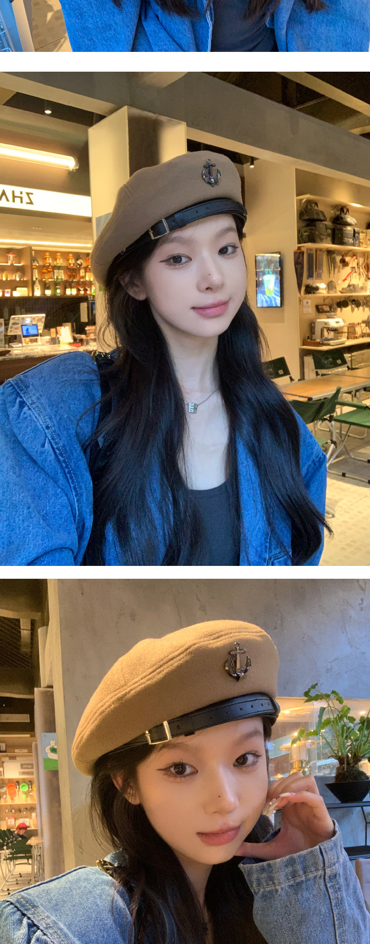 Zwarte baret Dames Herfst en Winter Knop Display Gezicht Flat Top Artist Hat Mode Net Rood ins_voghion.com