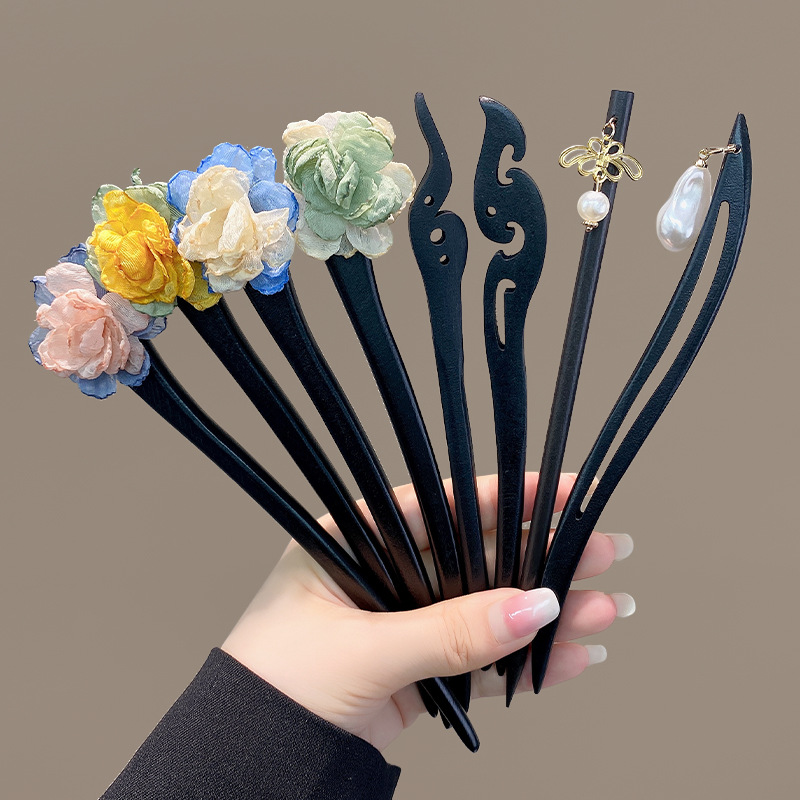 Horquilla de camelia, estilo antiguo negro, bola simple, accesorios para el cabello, placa de sentido avanzado, horquilla, tocado, temperamento, horquilla Hanfu