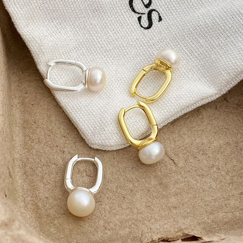 s925 sterling silver freshwater pearl shaped earrings for women Xiaohongshu blogger same style ins French light luxury geometric earrings