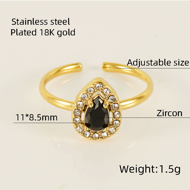 Moda europea y americana de acero inoxidable estilo ins anillo abierto hembra 18K oro luz lujo estilo gota de agua ZIRCON anillo ajustable