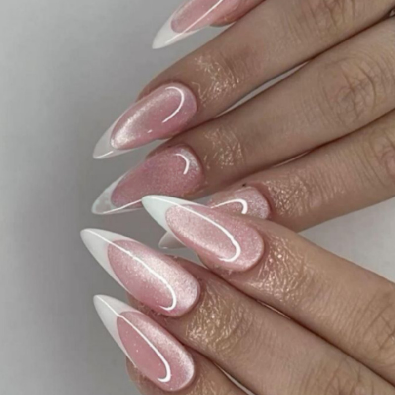24片 跨境 法式杏仁甲水晶白边法式猫眼欧美ins风press on nails|undefined