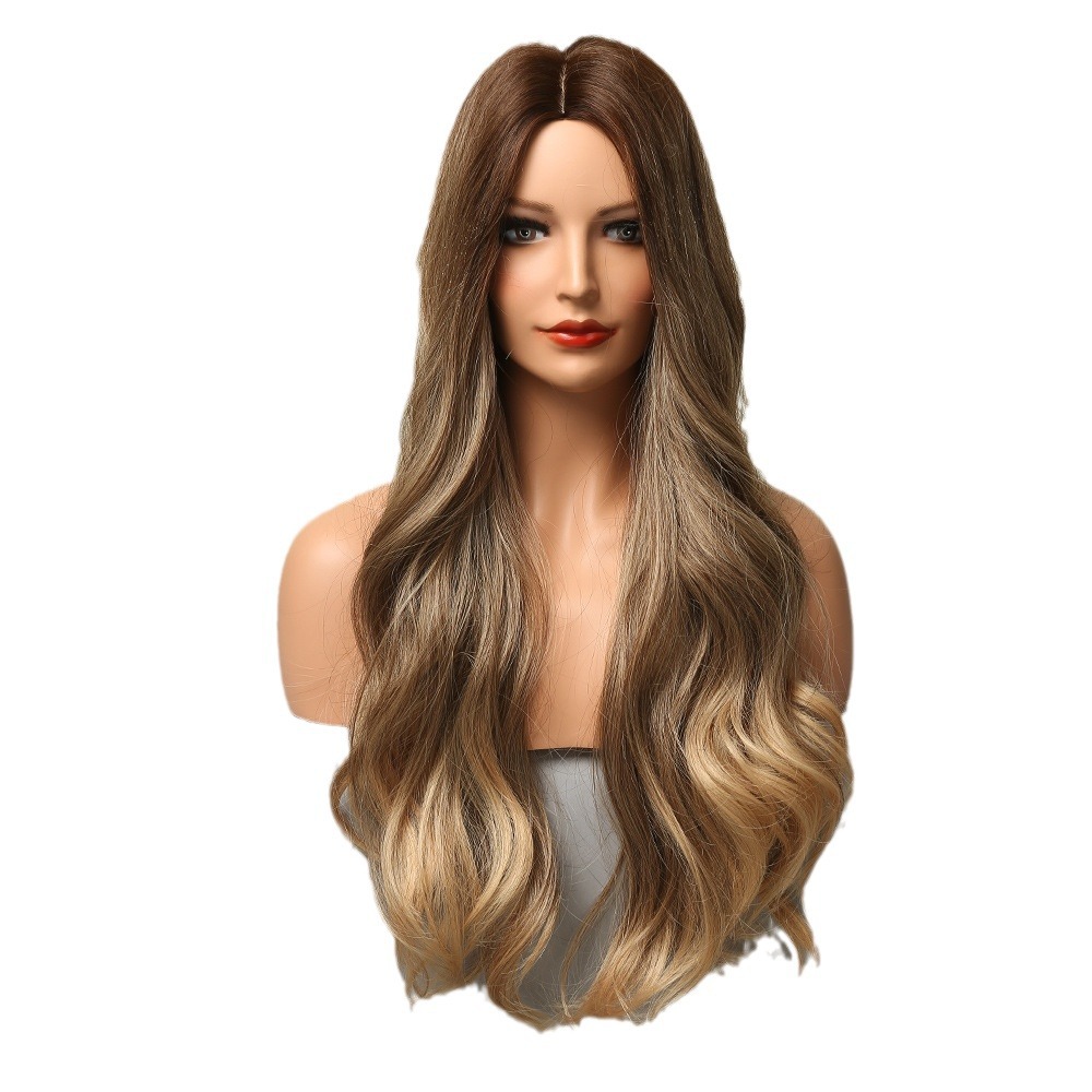 Peluca para Mujer Estilo Europeo y Americano, con Raya en Medio, Color Dorado Degradado, Ondas Grandes, Fibra Resistente al Calor, Peluca Completa, Cabello Largo y Rizado