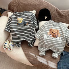 0-2歲春款中性風格嬰幼兒衣服 色織條紋小熊潮款男女寶哈衣爬爬服