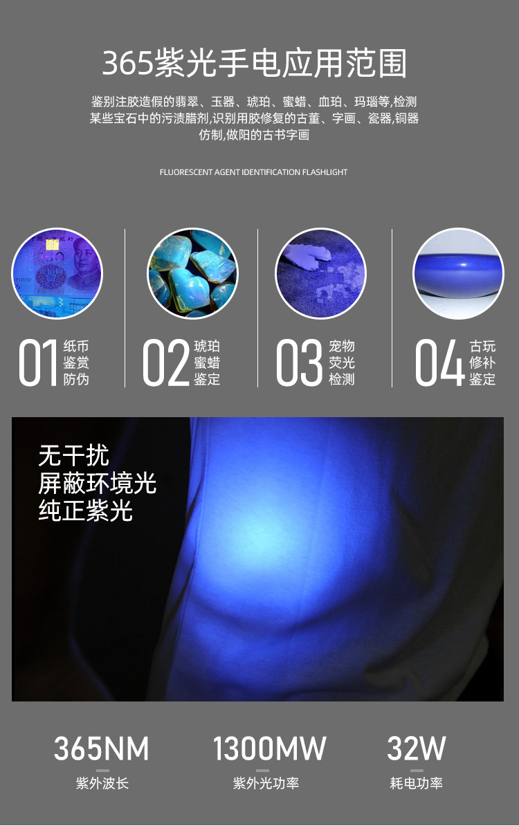 Purple Light Strong Light High-Power 20Wuv365Nm Ultraviolet Light Banknote Detection Flashlight Rechargeable