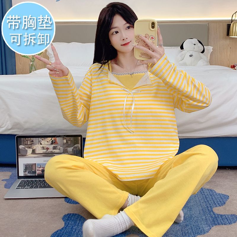 2025 new pajamas women's cotton spring and autumn plus size loose pregnant women suit chest pad home clothing large quantity discount