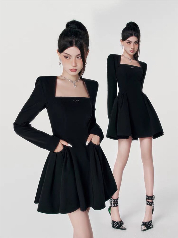 1308 super slimming dark style elegant high-grade square collar pocket pettiskirt autumn and winter dress