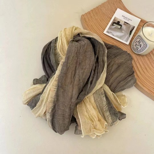 Japanese literary fresh retro gradient color long cotton and linen scarf shawl fashionable versatile pleated multi-color scarf for women