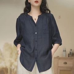 2025新款文艺复古夏季薄款棉麻衬衫女装宽松V领衬衣外套休闲小衫