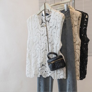 2025 New Summer Style Crocheted Cut Out Knitted Vest Vest Outer Wear Plus Size Women's Fat mm Loose Blouse Top