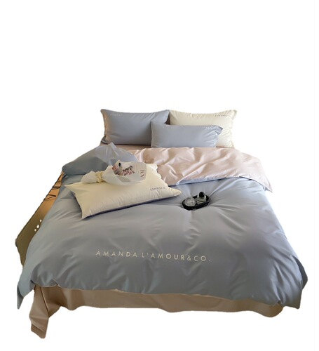 Simple and light luxury mousse series 100-count long-staple cotton four-piece set pure cotton letter embroidery quilt cover double bedding