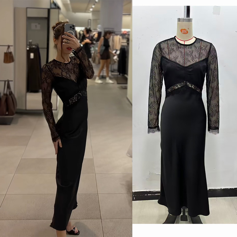 European and American Style Women's New Round Neck Long-Sleeved French Sexy Translucent Lace Splicing Long Slim Dress