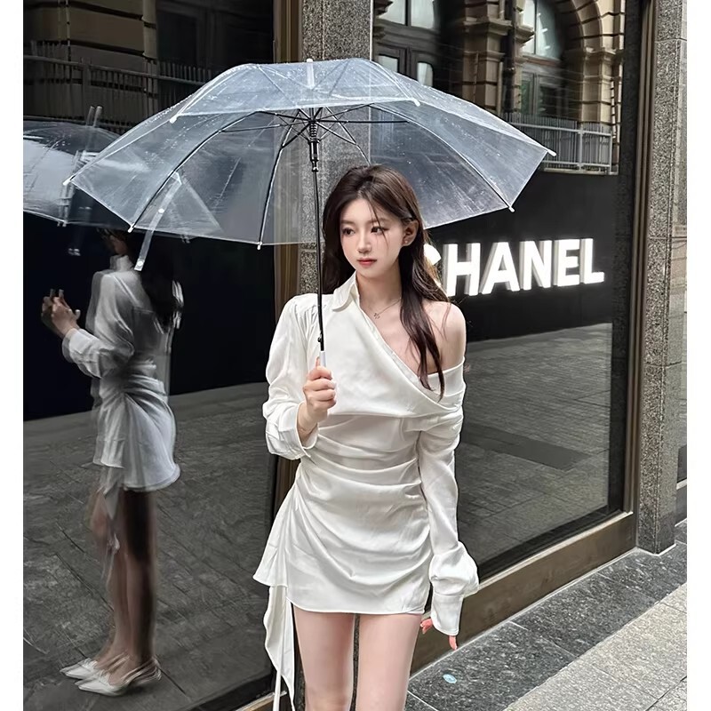 2026 New Sexy Hot Girl Style Bodycon Off-Shoulder Slimming Dress White Satin Shirt Dress Short Dress for Women 2026 New Sexy Hot Girl Style Bodycon Off-Shoulder Slimming Dress White Satin Shirt Dress Short Dress for Women