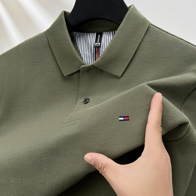 Authentic Tommy Men's Long-Sleeved T-Shirt Spring & Fall High-Quality Lapel Heavy Casual Cotton No-Iron Pol O-Shirt Top