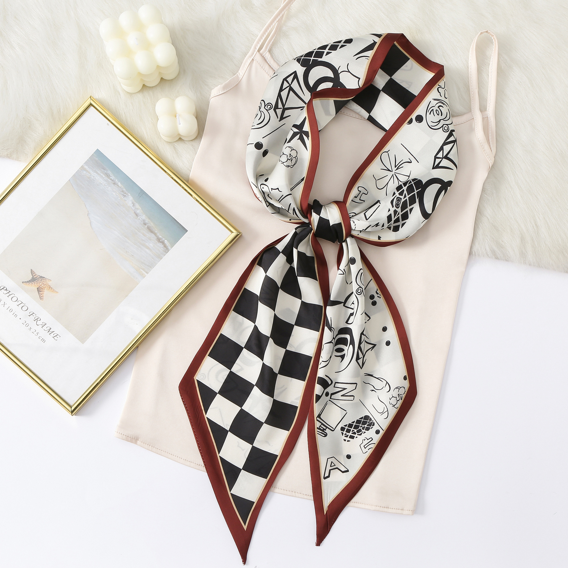 Pañuelo de seda cinta de las Mujeres Nuevo estilo coreano artístico de doble cara impresa larga pequeña bufanda de seda tablero de moda Pañuelo de corbata de pelo a cuadros