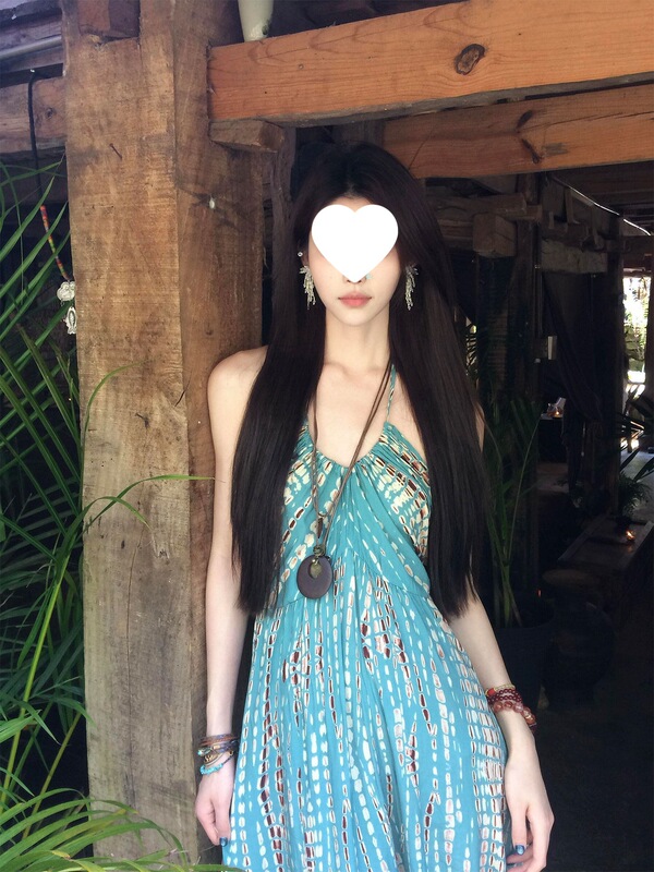 Beautiful Seaside Beach Dress for Xishuangbanna Yunnan Travel, Loose Long Blue Halter Neck Dress