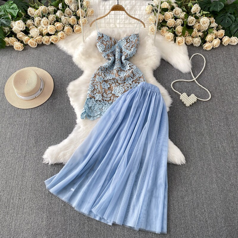 Foreign Trade High-End Elegant Water-Soluble Lace Suspender Short Dress Two-Piece Set High-Waisted Slimming and Elegant Mesh Half