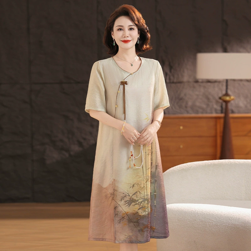 Мама летнее новое платье в китайском стиле 2025 новая женщина среднего и пожилого возраста с принтом в стиле темперамент тонкая шифоновая длинная юбка