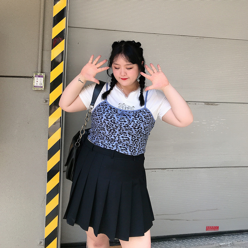 大码夏甜辣设计感短袖T恤豹纹吊带背心露脐短款上衣胖mm女|ru