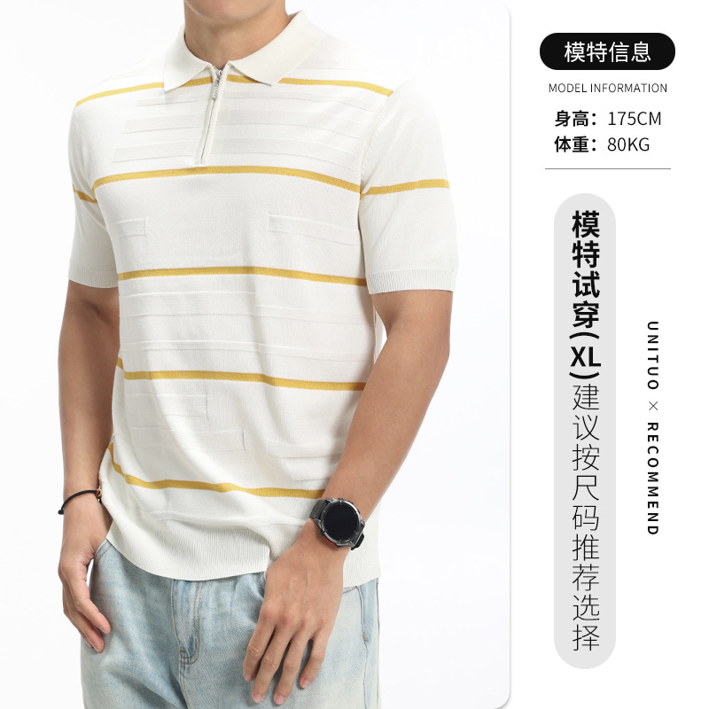 Europa y América transfronterizos hombres estriados textural polo camiseta de punto de verano con solapa de manga corta ropa de hombre de alta calidad casual hombre