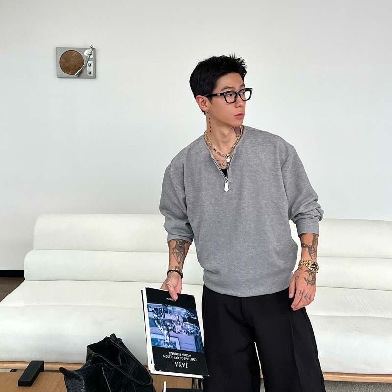 OXFREAK「混纱密歇根绒」老钱风褶皱半拉链长袖t恤男宽松内搭上衣|undefined