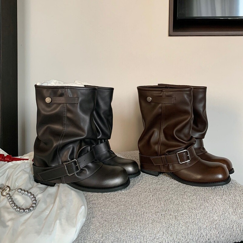 Cowhide Version ~ Pleated Pile Boots 2025 New Western Cowboy Boots Women's Retro Black Thick Heel Trouser Boots