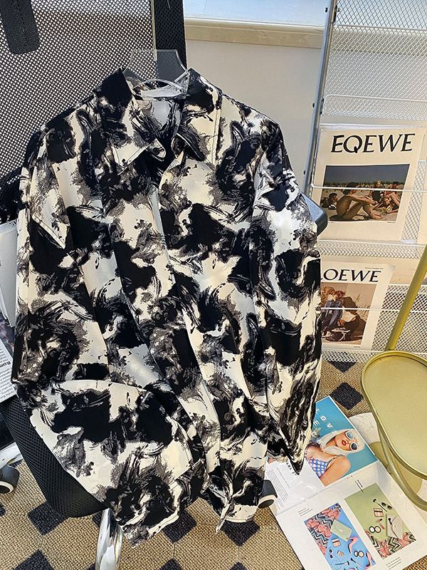 Camisa de verano para hombre de manga larga delgada drapeado camisa de protección solar sin planchar volantes guapo camisa impresa de pintura de tinta de alto grado