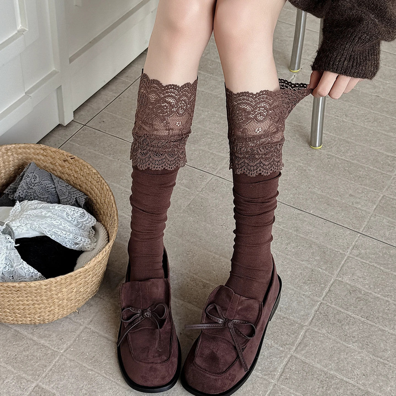 Melard brown calf socks for women, white ruffled socks, spring and autumn pure cotton, trendy lace trim long boot socks Melard brown calf socks for women, white ruffled socks, spring and autumn pure cotton, trendy lace trim long boot socks