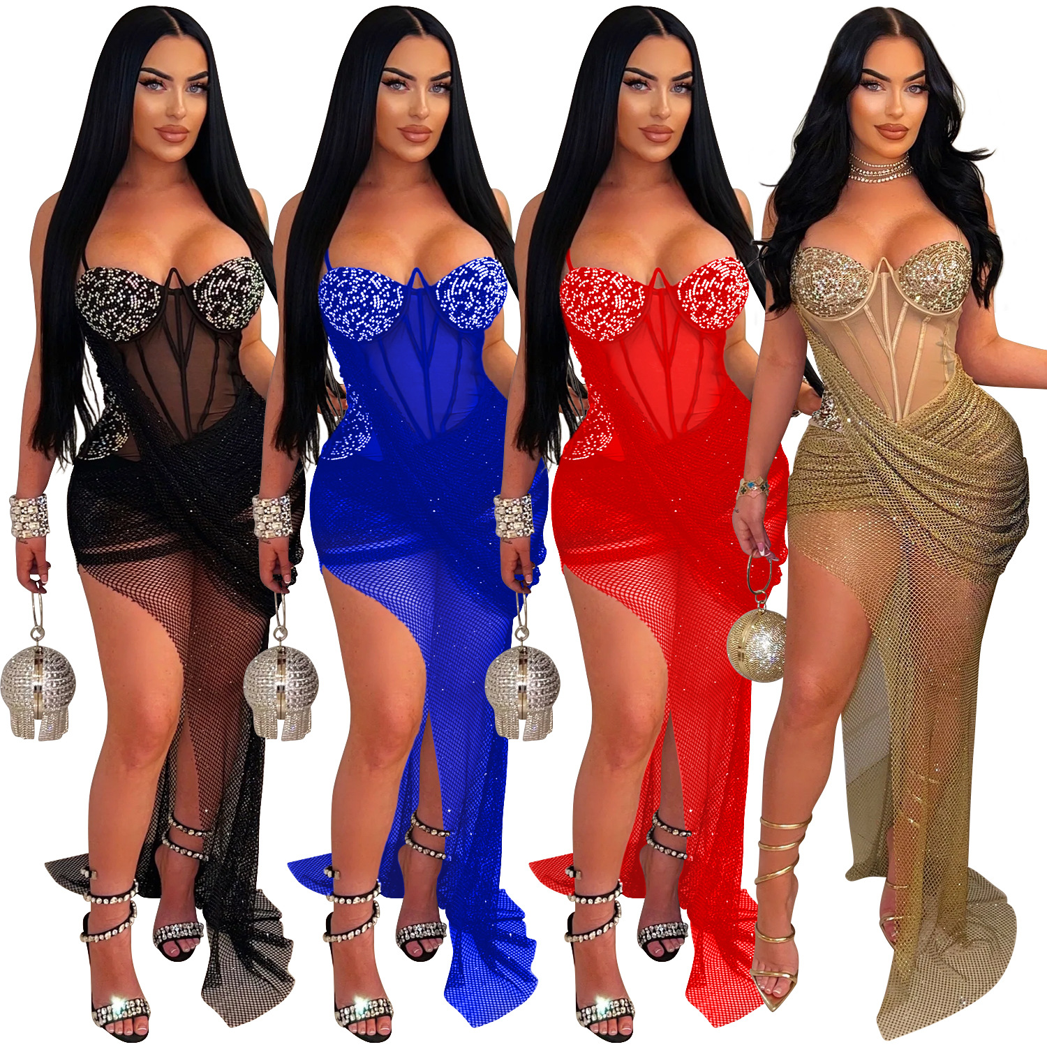 C6883 Aliexpress transfronterizo amazon ropa de moda europea y americana de mujer sexy tela de tela de perforación de cinturón vestido largo image 6