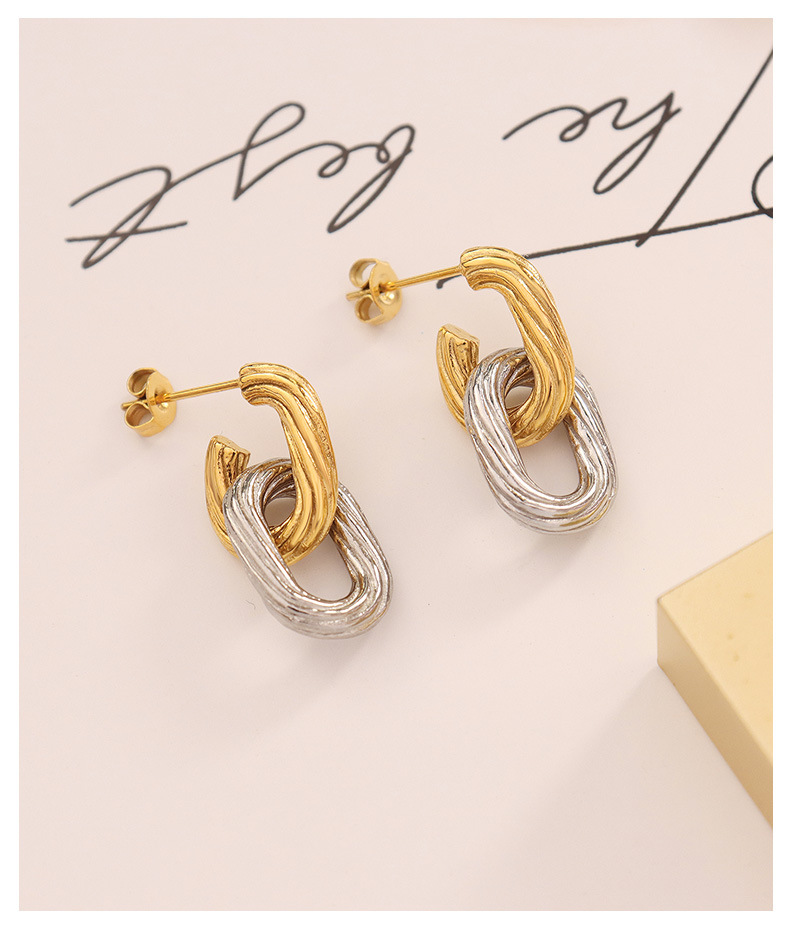 vintage geometric ring buckle oval shaped double layer titanium steel earrings