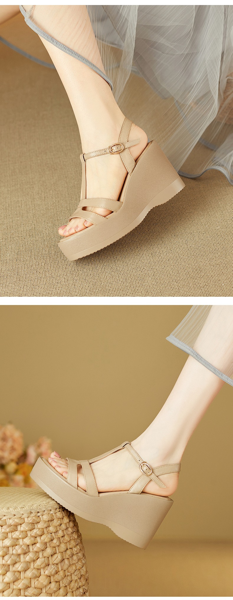 Sandal cao gót nữ mũi hở đế xuồng da bò, quai chữ T đơn giản, gót 9 cm — đen chi tiết 4