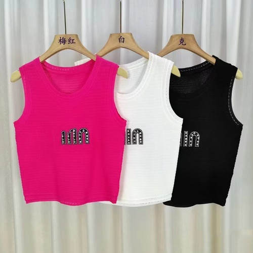 Women's Summer White Letter Knit V-Neck Tank Top with Shoulder Straps - Trendy, Luxury, Slimming, Sleeveless Top