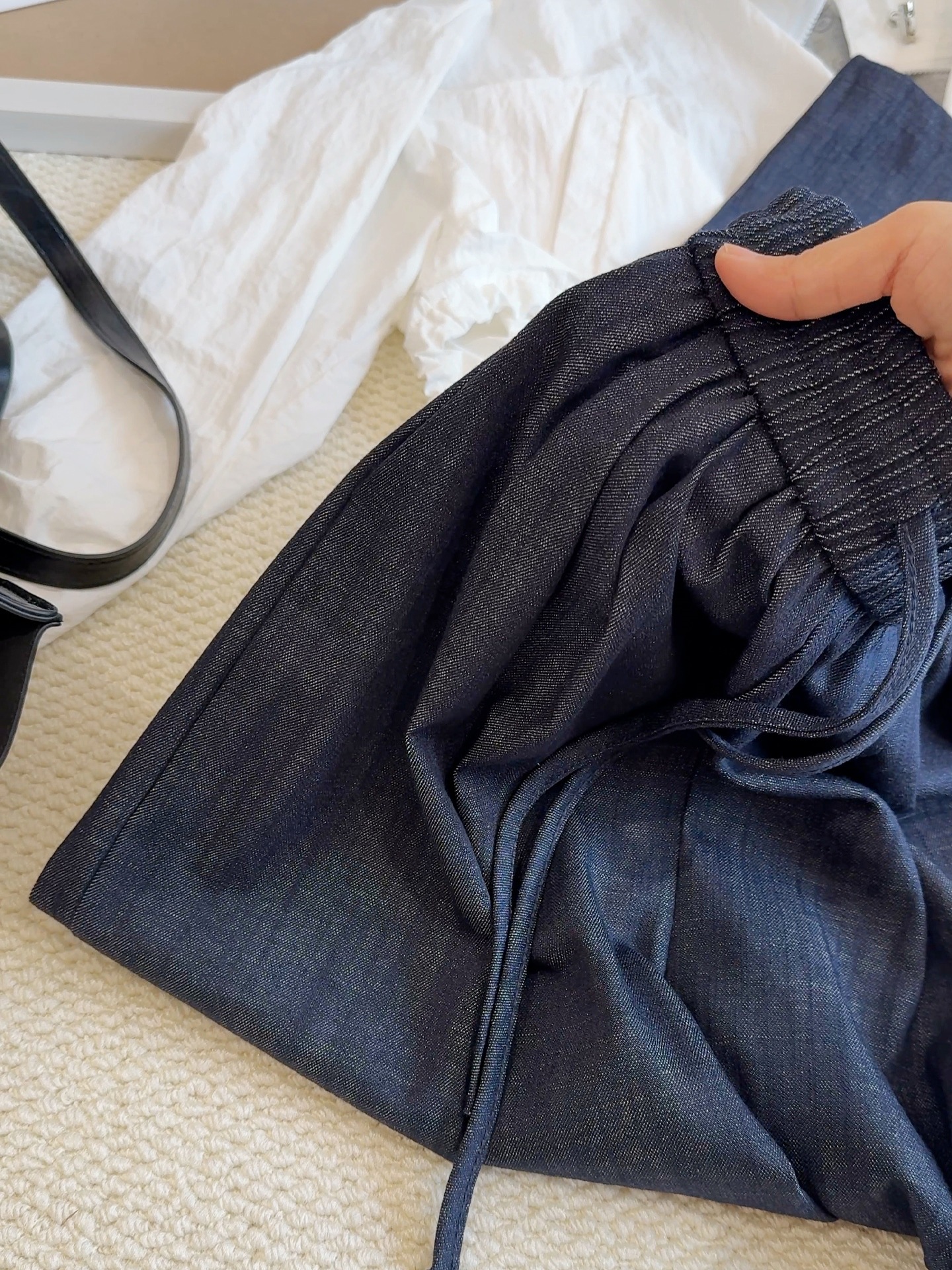 Quần jean ống rộng cạp cao dây rút cổ điển mùa hè cho nữ — màu xanh denim chi tiết 3