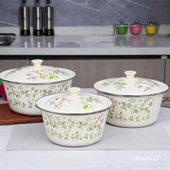 蓋付きの厚みのあるクラシックなエナメルポット、懐かしい昔ながらのエナメルラードポット、家庭用餃子の詰め物ポット、オレンジ