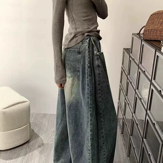 高腰直筒牛仔裤女春夏美式复古高街设计感宽松显瘦垂感阔腿拖地裤