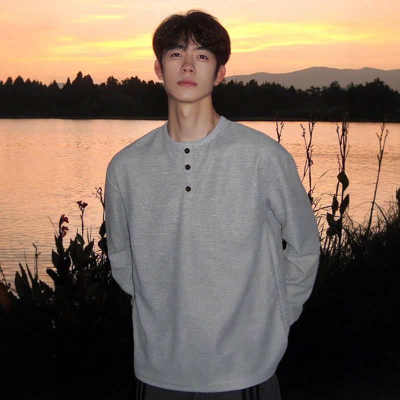 American Pure Color Henley Collar Long-Sleeved T-Shirt Men's Autumn and Winter New Loose Heavy Waffle Pullover Top Tee Trend American Pure Color Henley Collar Long-Sleeved T-Shirt Men's Autumn and Winter New Loose Heavy Waffle Pullover Top Tee Trend