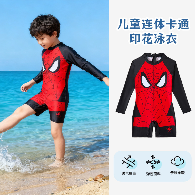 Cross-Border New Children's Swimsuit Hot-Selling Spider-Man One-Piece Long-Sleeved Shorts Boys' Swimsuit Beach Vacation Swimsuit